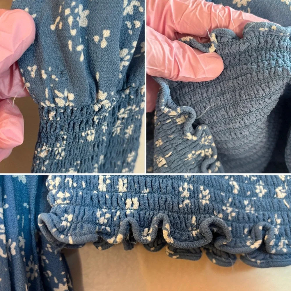 Reformation Pinto Top in Lassen Blue, Smocked, Puff Long Sleeve Dainty Floral, S